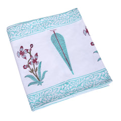 Aqua Leaf Floral Block Print Cotton Table Runner
