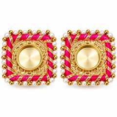Elegant Gold Square Tealight Holders with Pearl & Thread Detailing – Set of 2