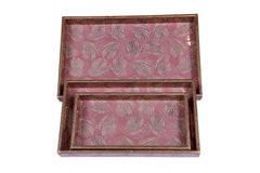 Elegant Pink & Gold Wooden Serving Tray Set – Handcrafted Decorative Trays (Set of 3)