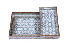 Blue & White Handcrafted Wooden Tray Set – Vintage Floral Pattern (Set of 3)