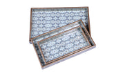Blue & White Handcrafted Wooden Tray Set – Vintage Floral Pattern (Set of 3)