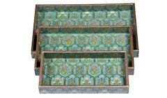 Handcrafted Floral Serving Tray Set – Aqua & Gold Decorative Nesting Trays (Set of 3)