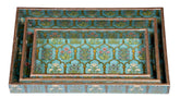 Handcrafted Floral Serving Tray Set – Aqua & Gold Decorative Nesting Trays (Set of 3)