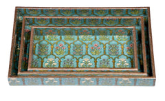 Handcrafted Floral Serving Tray Set – Aqua & Gold Decorative Nesting Trays (Set of 3)