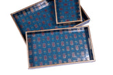 Handcrafted Royal Blue Serving Tray Set – Elegant Geometric & Floral Nesting Trays (Set of 3)