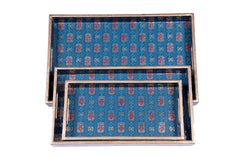 Handcrafted Royal Blue Serving Tray Set – Elegant Geometric & Floral Nesting Trays (Set of 3)