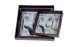 Set of 3 Wooden Trays – Peacock & Palm Tree Design