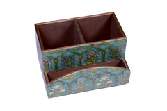 Wooden Cutlery Caddy – Vintage Turquoise Blue with Floral Design