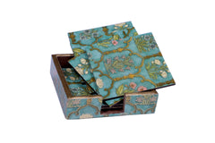 Table Coasters 4"x 4" – Vintage Turquoise Blue Floral Design (Set of 6)