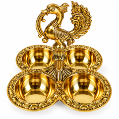 Gold Peacock 4-Bowl Diya & Offering Holder