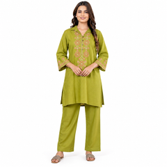 Stylish Olive Green Floral Print Kurta Pant Set