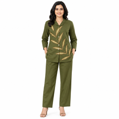 Stylish Olive Green Leaf Motif Co-Ord Set