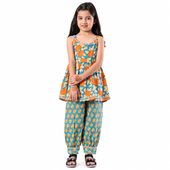 Turquoise Blue Floral Top & Dhoti Pant Set