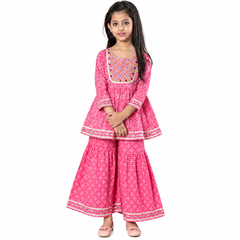 Pink Bandhani Print Peplum Kurti & Sharara Set
