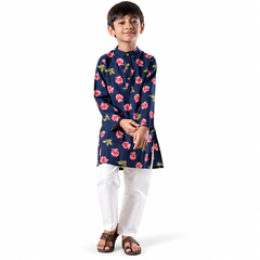 Navy Blue Floral Print Kurta Pajama Set