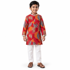 Rust Red Leaf Print Kurta Pajama Set