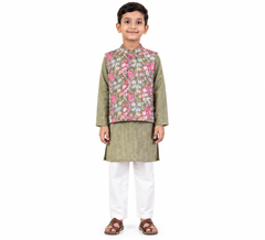 Ethnic Green Kurta Pajama Set with Floral Nehru Jacket