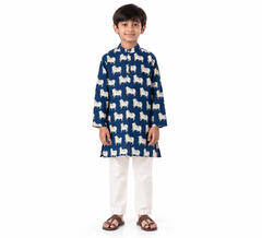 Navy Blue Cow Print Kurta Pajama Set