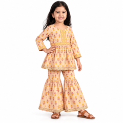Blush Peach Floral Peplum Kurti & Sharara Set
