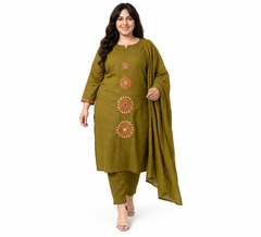 Olive Radiance Cotton Kurta Set with Dupatta