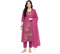 Berry Pink Botanical Embroidered Cotton Kurta Set