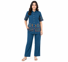 Teal Blue Embroidered Co-Ord Set