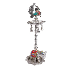 Silver Peacock & Elephant Meenakari Diya Stand