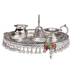 Silver Elephant Pooja Thali Set with Hanging Bells