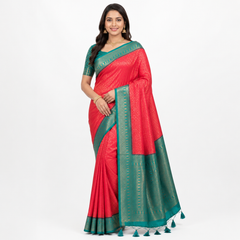 Dual Tone Pink & Teal Blue Pure Kanjeevaram Silk Saree
