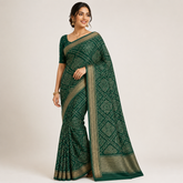 Elegant Green Crepe Chiffon Bandhani Saree with Silver Border