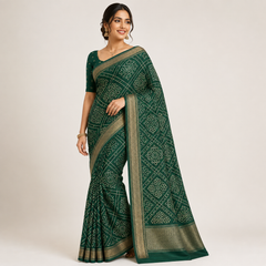 Elegant Green Crepe Chiffon Bandhani Saree with Silver Border
