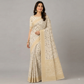 Elegant Cream Chiffon Saree with Black Floral Design & Gold Border