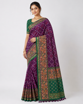 Royal Purple Patan Patola Saree with Green Borber