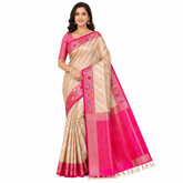 Beige Silk Saree with Pink Zari Border