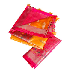 Orange Silk Saree with Pink Zari Border