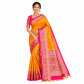 Orange Silk Saree with Pink Zari Border