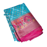 Turquoise Silk Saree with Pink Zari Border