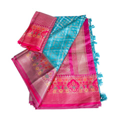 Turquoise Silk Saree with Pink Zari Border