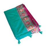 Teal Silk Saree with Pink Zari Border