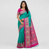 Teal Silk Saree with Pink Zari Border