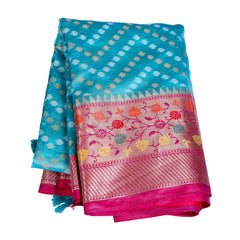 Sky Blue Silk Saree with Pink Zari Border