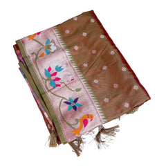 Copper Tone Silk Saree with Multicolour Bird Motif Paithani Border