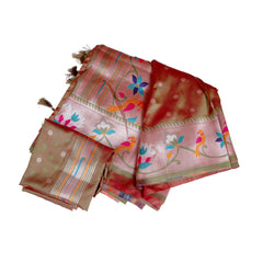 Copper Tone Silk Saree with Multicolour Bird Motif Paithani Border