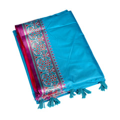 Turquoise Silk Saree with Pink Woven Border