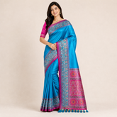 Turquoise Silk Saree with Pink Woven Border