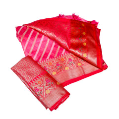 Rani Pink Silk Saree with Red Zari Border