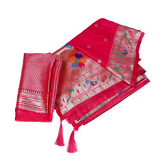 Rani Pink Silk Saree with Copper Zari Border & Bird Motifs