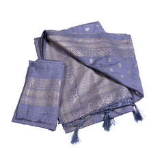Steel Blue Silk Saree with Silver Zari Border