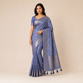 Steel Blue Silk Saree with Silver Zari Border