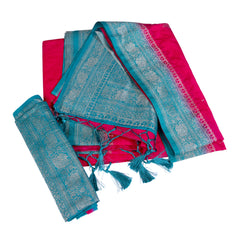 Teal & Pink Contrast Silk Saree with Heavy Zari Pallu